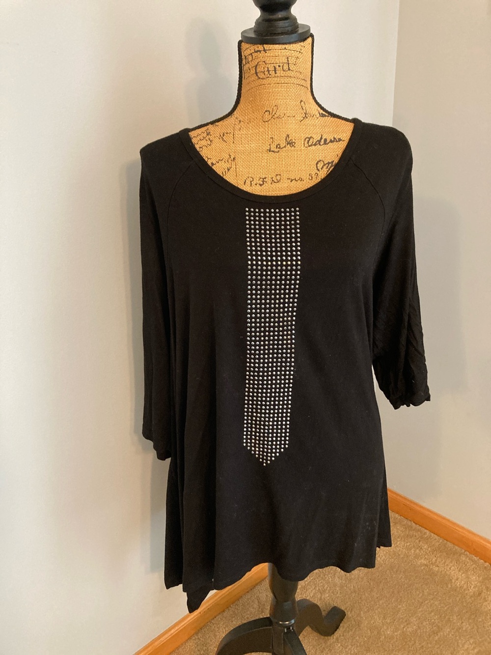 Karen Kane Black Long Sleeve Scoop Neck Top with Vertical Rhinestone Tie Panel